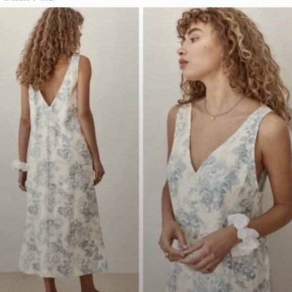 Reformation Monique Linen Midi Dress in Teacup Blue Floral size XS - Picture 3 of 5